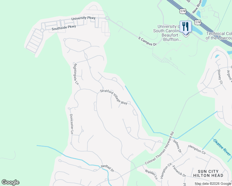 map of restaurants, bars, coffee shops, grocery stores, and more near 1 Sunflower Lane in Bluffton