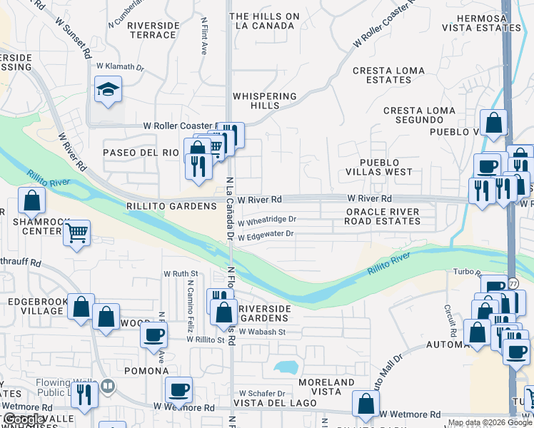 map of restaurants, bars, coffee shops, grocery stores, and more near 1264 West Wheatridge Drive in Tucson