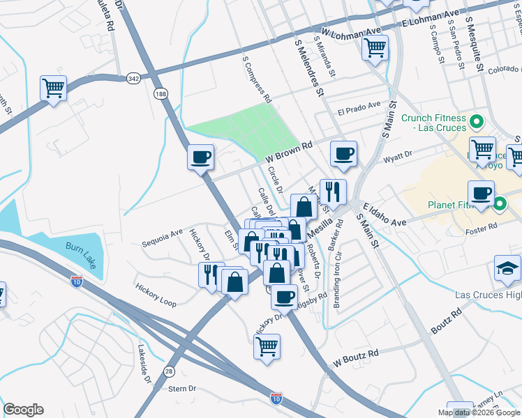 map of restaurants, bars, coffee shops, grocery stores, and more near 1015 Calle Del Sol in Las Cruces