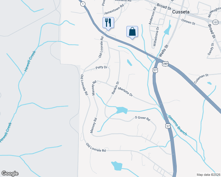 map of restaurants, bars, coffee shops, grocery stores, and more near 147 Marlette Drive in Cusseta