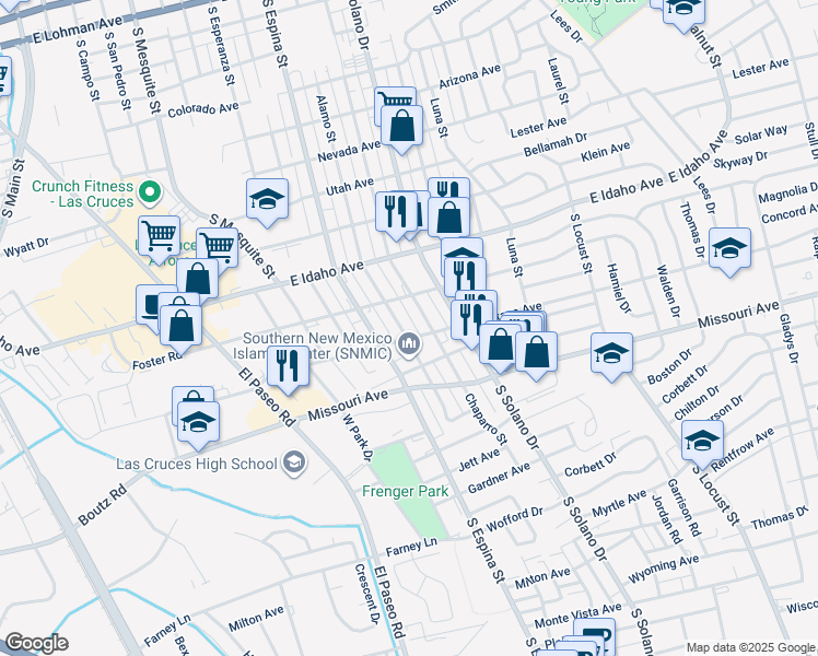 map of restaurants, bars, coffee shops, grocery stores, and more near 1471 Alamo Street in Las Cruces