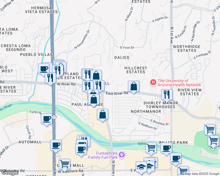 map of restaurants, bars, coffee shops, grocery stores, and more near 21 East River Road in Tucson
