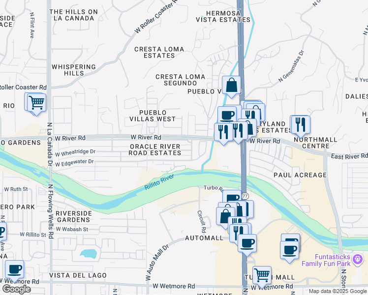 map of restaurants, bars, coffee shops, grocery stores, and more near 722 West Wheatridge Drive in Tucson