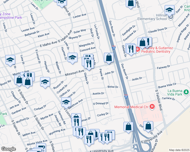 map of restaurants, bars, coffee shops, grocery stores, and more near 2250 Missouri Avenue in Las Cruces