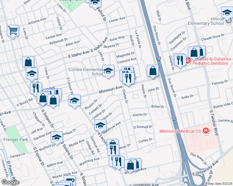 map of restaurants, bars, coffee shops, grocery stores, and more near 2040 Corbett Drive in Las Cruces