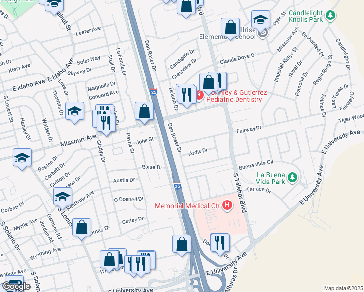map of restaurants, bars, coffee shops, grocery stores, and more near 2620 Ardis Drive in Las Cruces