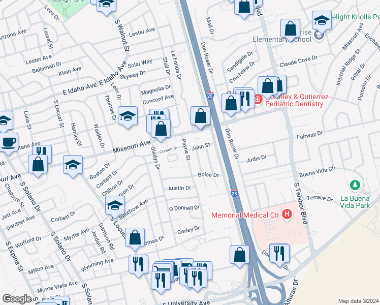 map of restaurants, bars, coffee shops, grocery stores, and more near 1825 Payne Street in Las Cruces