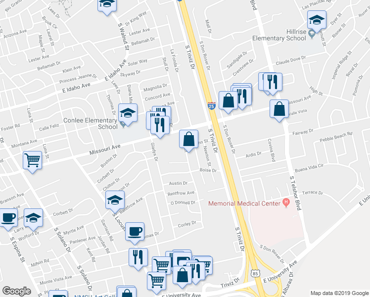 map of restaurants, bars, coffee shops, grocery stores, and more near 1805 Payne Street in Las Cruces