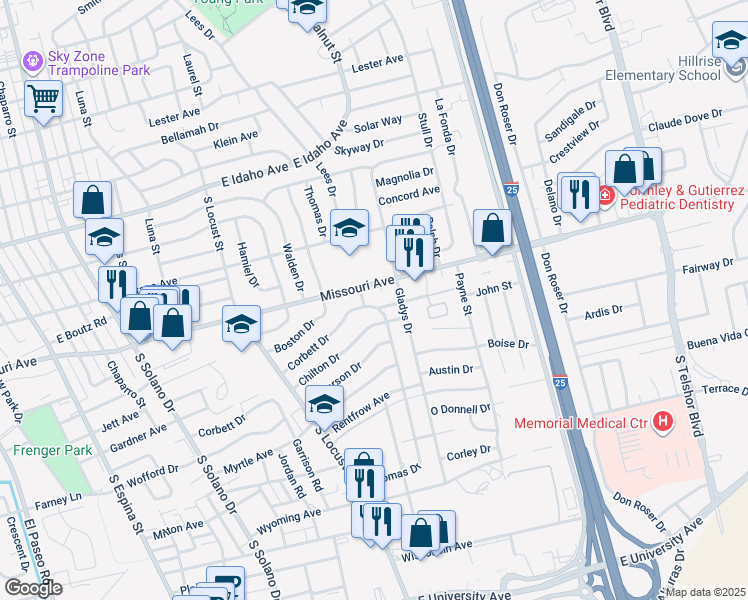 map of restaurants, bars, coffee shops, grocery stores, and more near 2040 Corbett Drive in Las Cruces