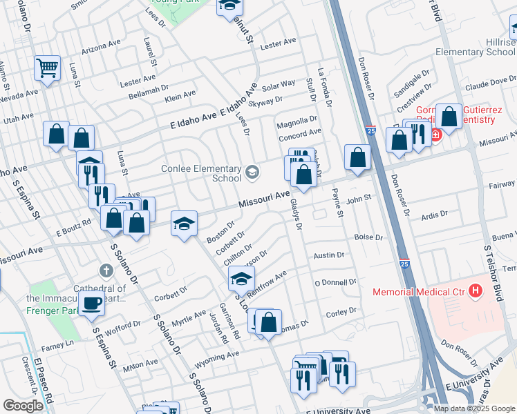 map of restaurants, bars, coffee shops, grocery stores, and more near 2020 Missouri Avenue in Las Cruces