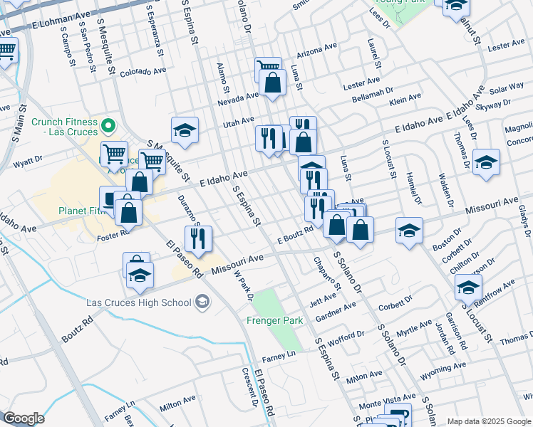 map of restaurants, bars, coffee shops, grocery stores, and more near 1491 Alamo Street in Las Cruces