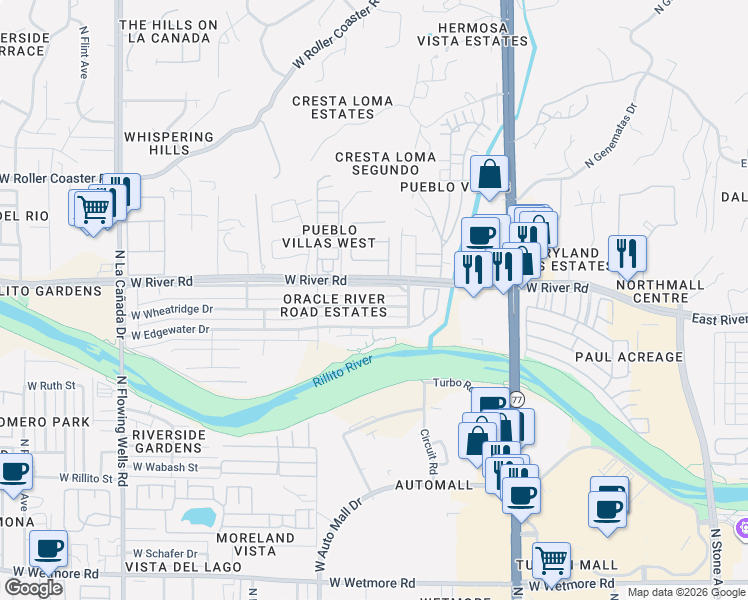 map of restaurants, bars, coffee shops, grocery stores, and more near 801 West Wheatridge Drive in Tucson