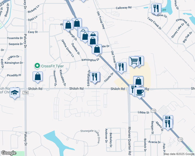 map of restaurants, bars, coffee shops, grocery stores, and more near 4917 Thistle Drive in Tyler