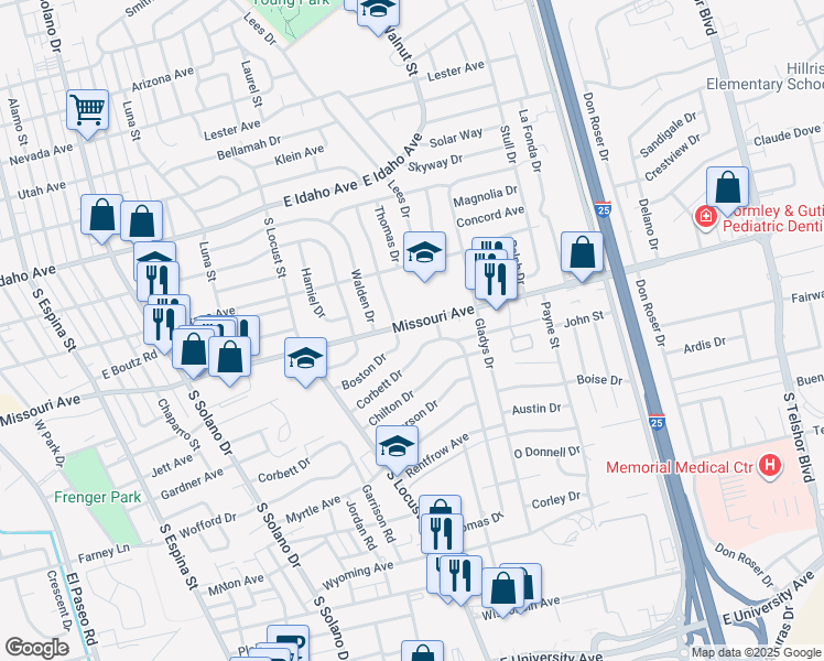 map of restaurants, bars, coffee shops, grocery stores, and more near 2020 Missouri Avenue in Las Cruces