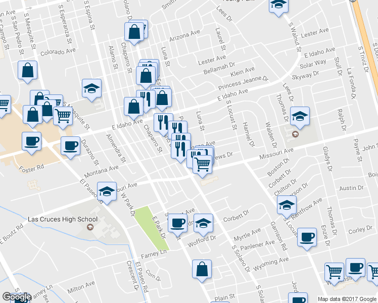 map of restaurants, bars, coffee shops, grocery stores, and more near 1375 E Boutz Rd in Las Cruces