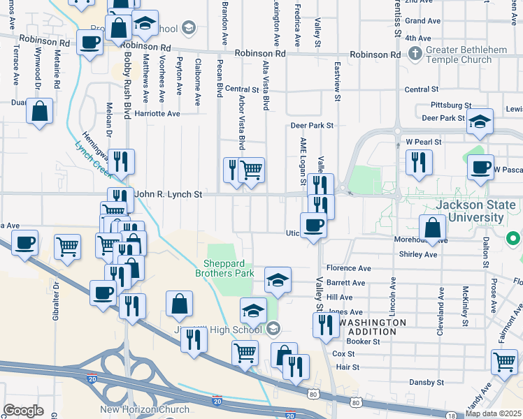 map of restaurants, bars, coffee shops, grocery stores, and more near 1213 Newton Street in Jackson