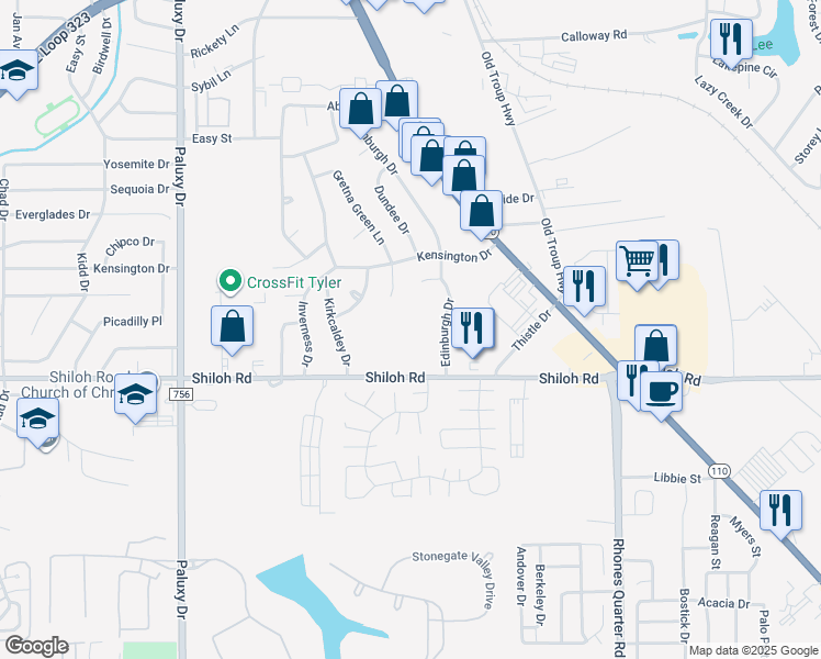 map of restaurants, bars, coffee shops, grocery stores, and more near 5000 Edinburgh Drive in Tyler