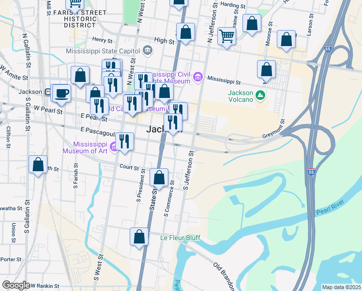 map of restaurants, bars, coffee shops, grocery stores, and more near East Pascagoula Street in Jackson