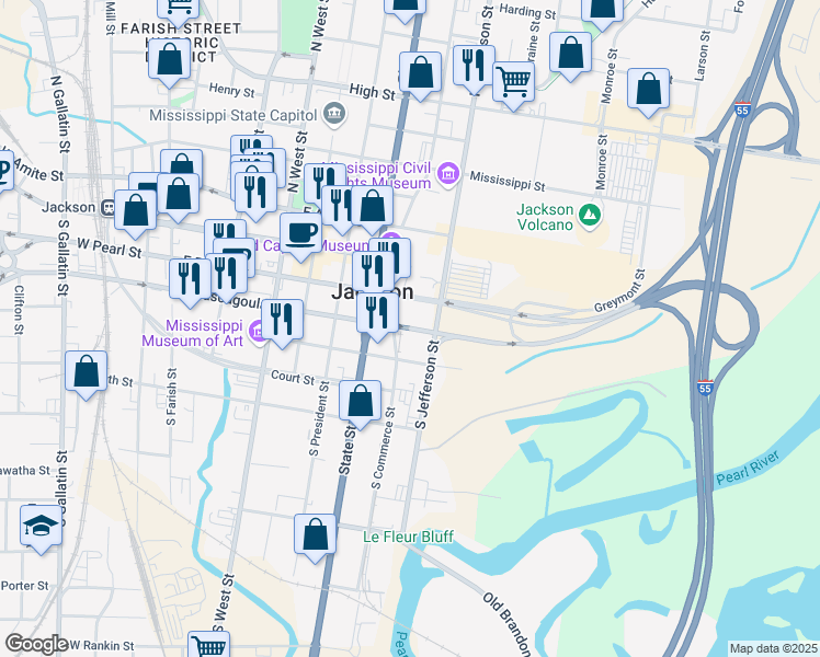map of restaurants, bars, coffee shops, grocery stores, and more near East Pascagoula Street in Jackson