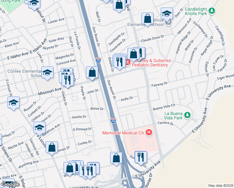 map of restaurants, bars, coffee shops, grocery stores, and more near 2620 Ardis Drive in Las Cruces