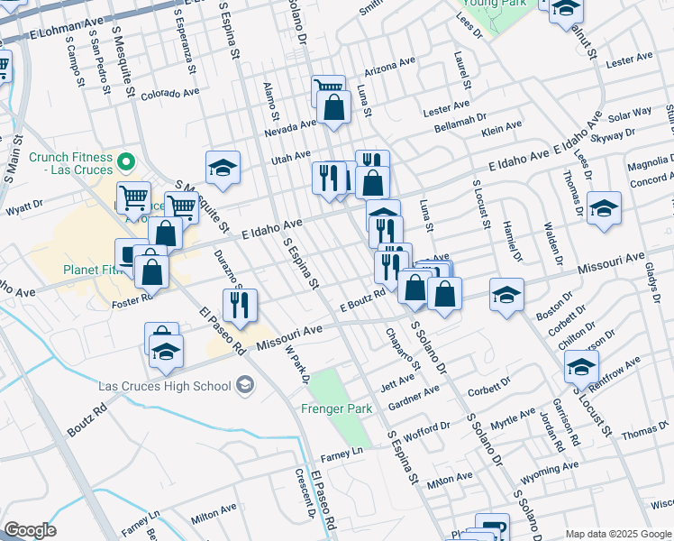 map of restaurants, bars, coffee shops, grocery stores, and more near 1491 Alamo Street in Las Cruces