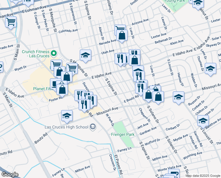 map of restaurants, bars, coffee shops, grocery stores, and more near 1445 South Espina Street in Las Cruces