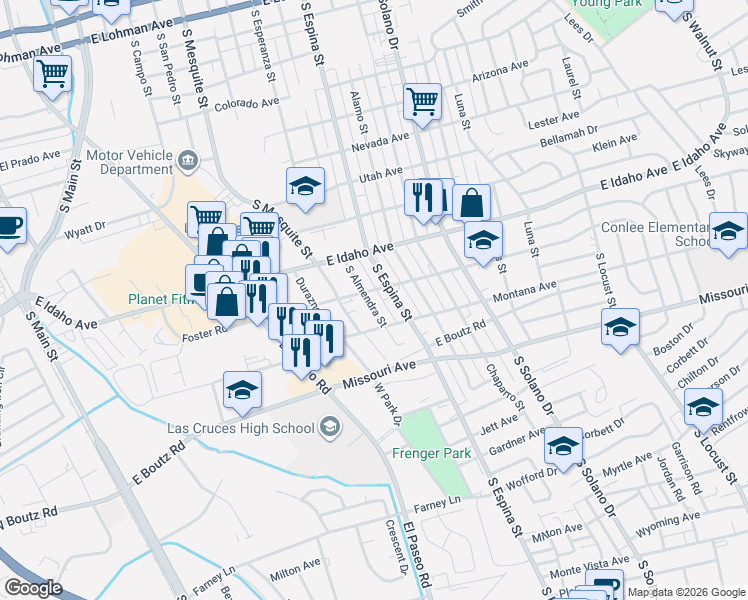 map of restaurants, bars, coffee shops, grocery stores, and more near 1434 Almendra Street in Las Cruces