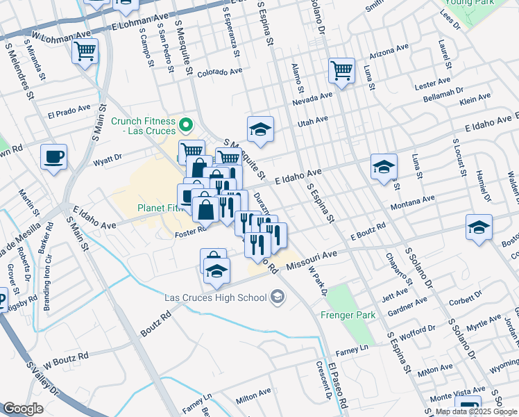 map of restaurants, bars, coffee shops, grocery stores, and more near 520 Foster Road in Las Cruces