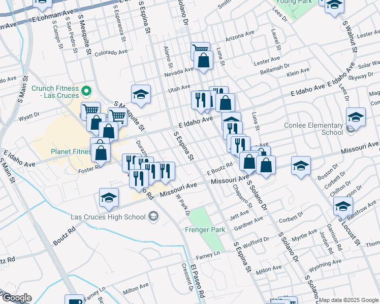 map of restaurants, bars, coffee shops, grocery stores, and more near 1406 South Espina Street in Las Cruces