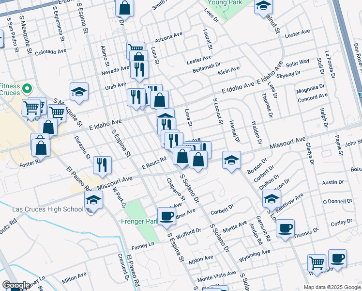 map of restaurants, bars, coffee shops, grocery stores, and more near 1375 East Boutz Road in Las Cruces