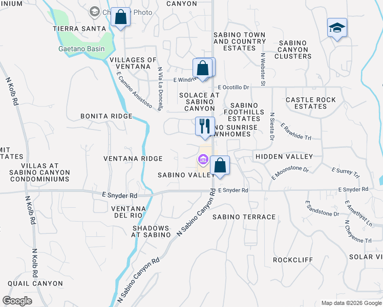 map of restaurants, bars, coffee shops, grocery stores, and more near 4922 North Sabino Gulch Court in Tucson
