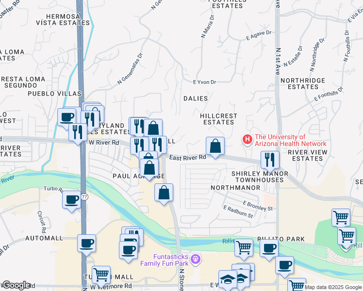 map of restaurants, bars, coffee shops, grocery stores, and more near 21 East River Road in Tucson