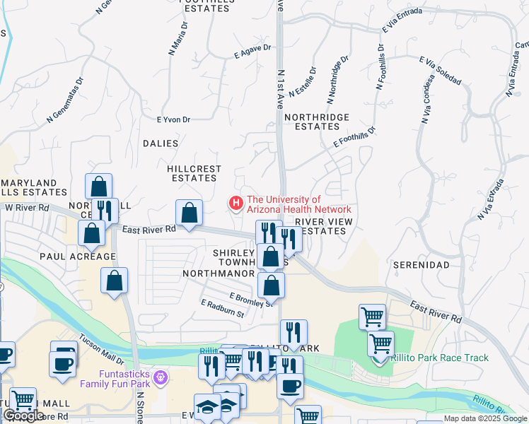 map of restaurants, bars, coffee shops, grocery stores, and more near 4975 North 1st Avenue in Tucson
