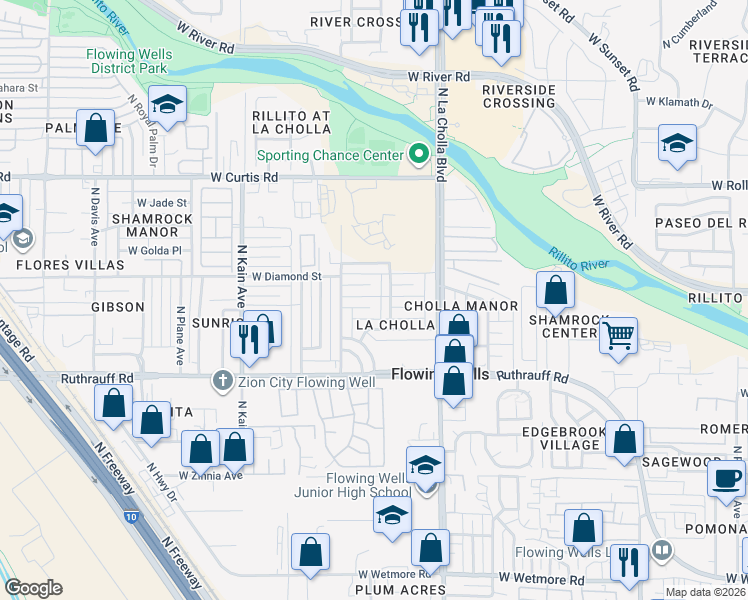 map of restaurants, bars, coffee shops, grocery stores, and more near 2221 West Cll Comodo in Tucson