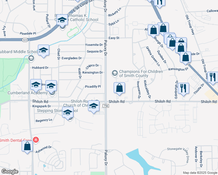 map of restaurants, bars, coffee shops, grocery stores, and more near 4800 Paluxy Drive in Tyler