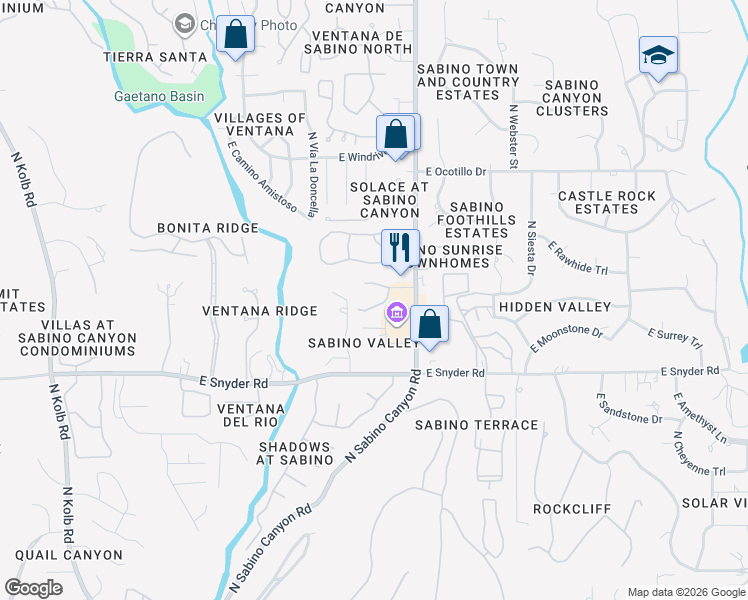 map of restaurants, bars, coffee shops, grocery stores, and more near 4922 North Sabino Gulch Court in Tucson