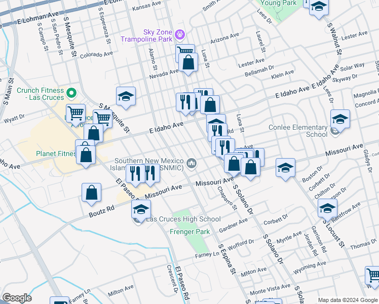 map of restaurants, bars, coffee shops, grocery stores, and more near 1491 Alamo Street in Las Cruces