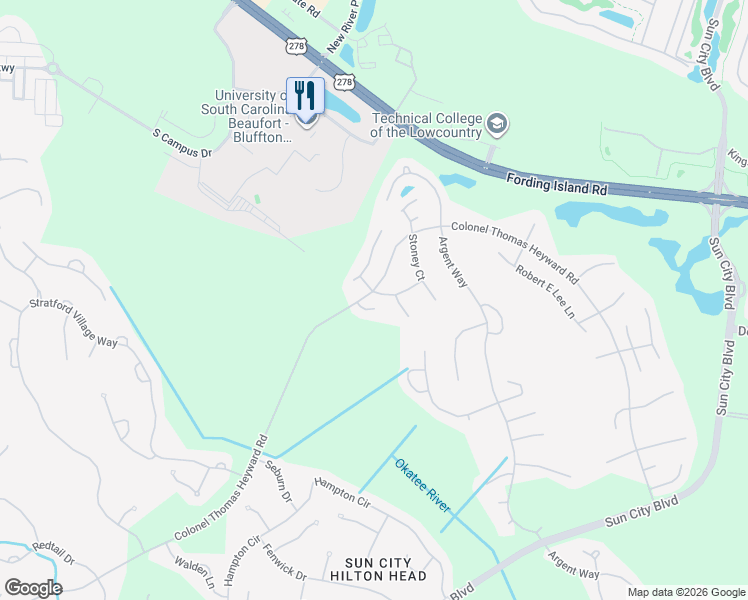 map of restaurants, bars, coffee shops, grocery stores, and more near 5 Ferebee Way in Bluffton