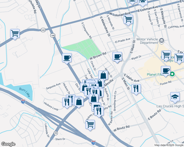 map of restaurants, bars, coffee shops, grocery stores, and more near 1045 Calle Del Encanto in Las Cruces