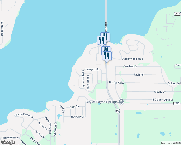 map of restaurants, bars, coffee shops, grocery stores, and more near 117 Timber Road in Mabank