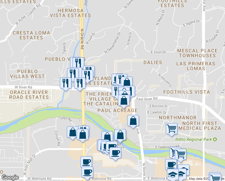 map of restaurants, bars, coffee shops, grocery stores, and more near 97 West River Road in Tucson