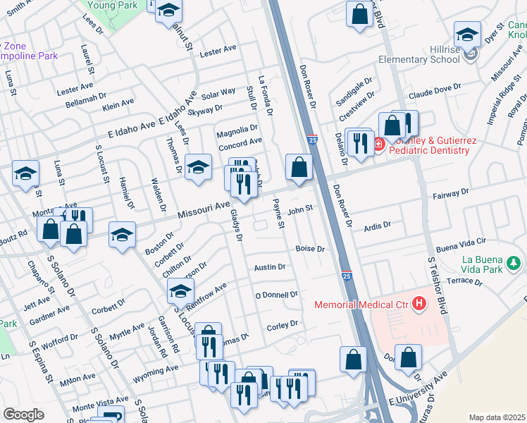 map of restaurants, bars, coffee shops, grocery stores, and more near 2250 Missouri Avenue in Las Cruces