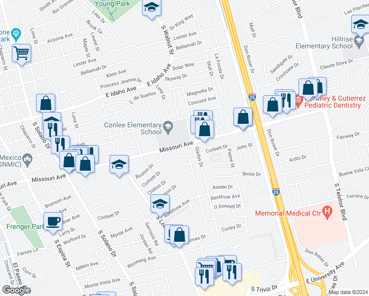 map of restaurants, bars, coffee shops, grocery stores, and more near 2040 Corbett Drive in Las Cruces