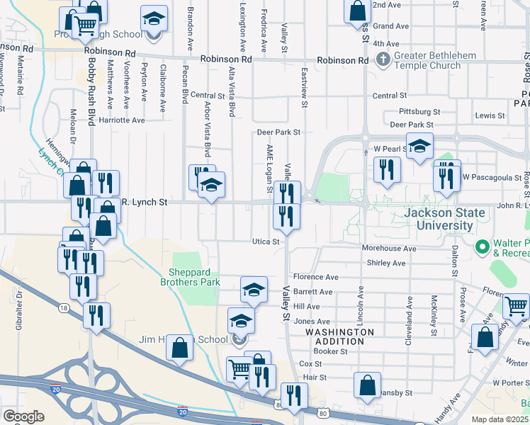 map of restaurants, bars, coffee shops, grocery stores, and more near 1235 Biloxi Street in Jackson