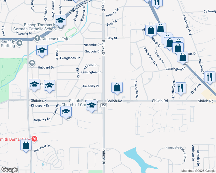 map of restaurants, bars, coffee shops, grocery stores, and more near 4800 Paluxy Drive in Tyler