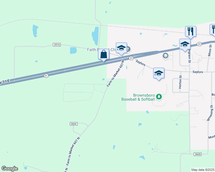 map of restaurants, bars, coffee shops, grocery stores, and more near 10914 Farm to Market 607 North in Brownsboro