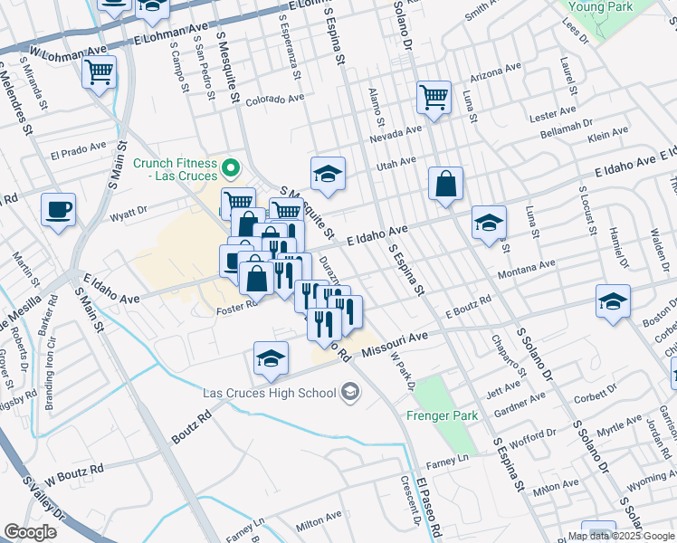 map of restaurants, bars, coffee shops, grocery stores, and more near 706 Foster Road in Las Cruces