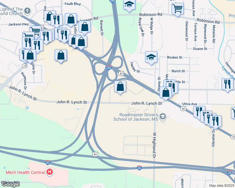 map of restaurants, bars, coffee shops, grocery stores, and more near 3402 John R. Lynch Street in Jackson