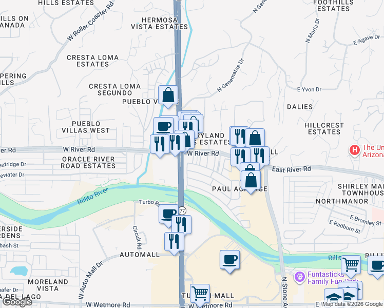 map of restaurants, bars, coffee shops, grocery stores, and more near 109 West River Road in Tucson
