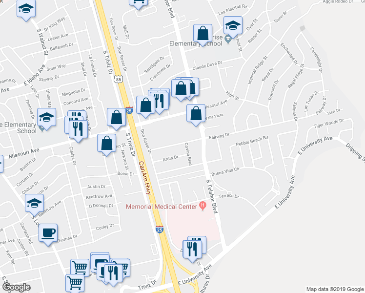 map of restaurants, bars, coffee shops, grocery stores, and more near 2723 Fairway Drive in Las Cruces